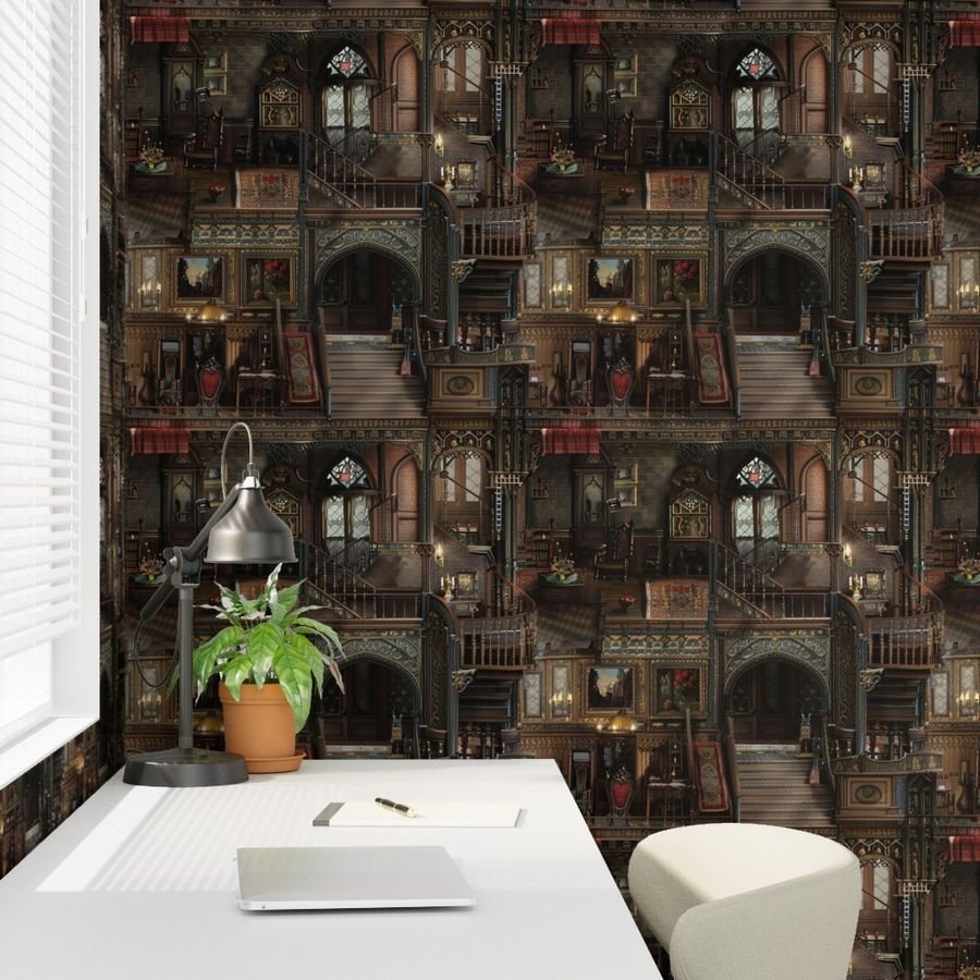 Victorian Gothic Haunted Dollshouse with Dolls in Dark Academia Wallpaper dolls house wallpaper