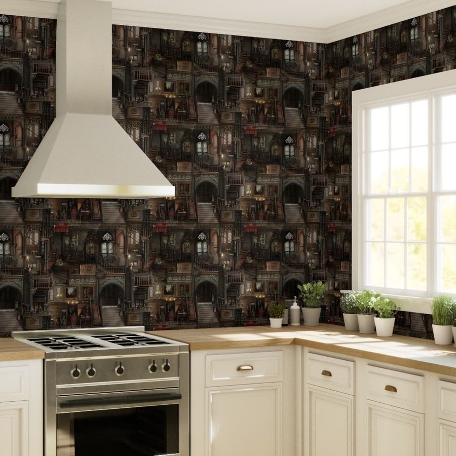 Victorian Gothic Haunted Dollshouse with Dolls in Dark Academia Wallpaper dolls house wallpaper