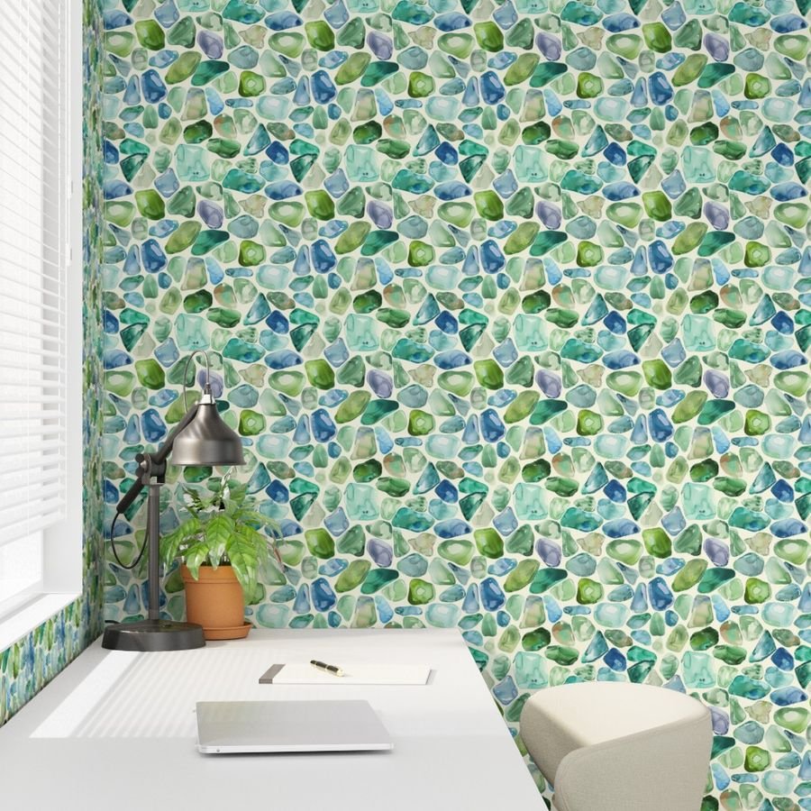 Blue and Green Shards of Tumbled and Scattered Watercolor Seaglass Wallpaper green seaglass wallpaper