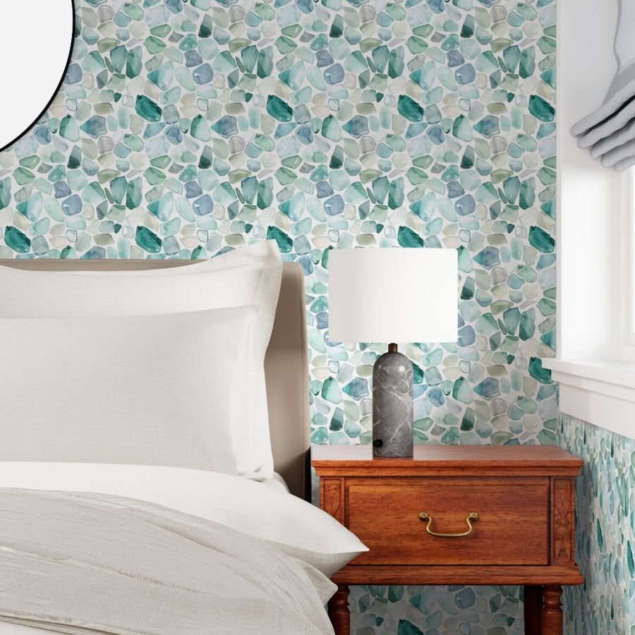 Blue and Aqua Shards of Tumbled and Scattered Watercolor Seaglass Wallpaper blue seaglass wallpaper