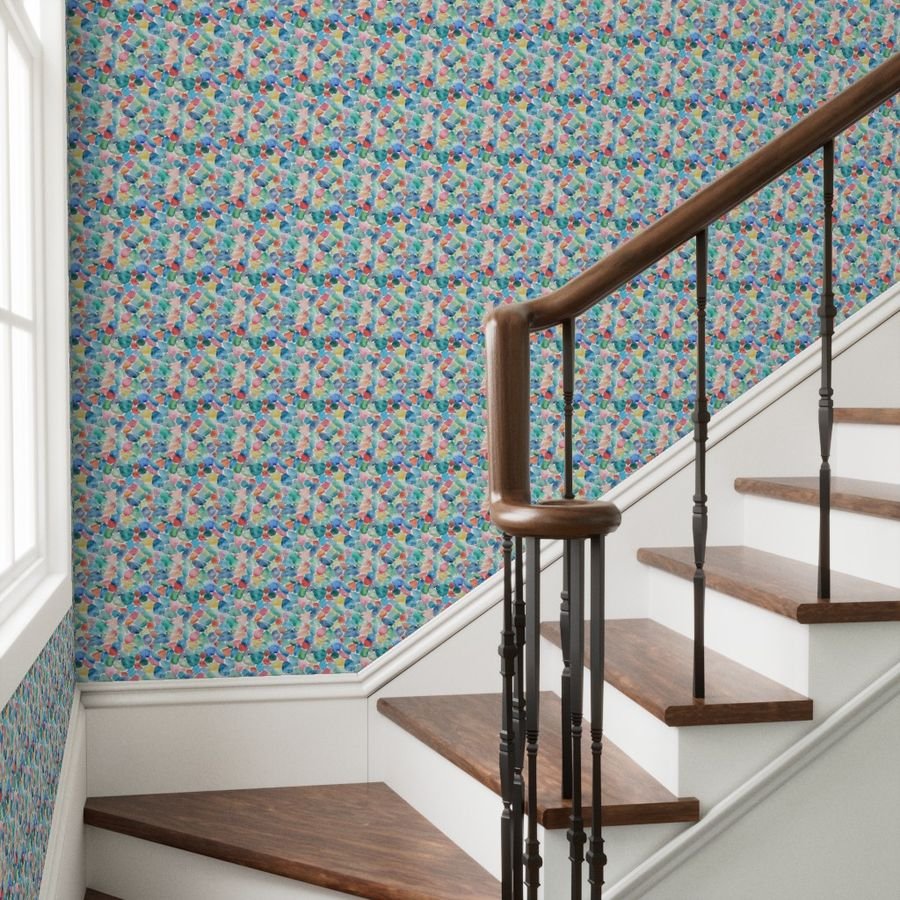 Blue and Multicolor Shards of Tumbled and Scattered Watercolor Wallpaper seaglass pattern wallpaper