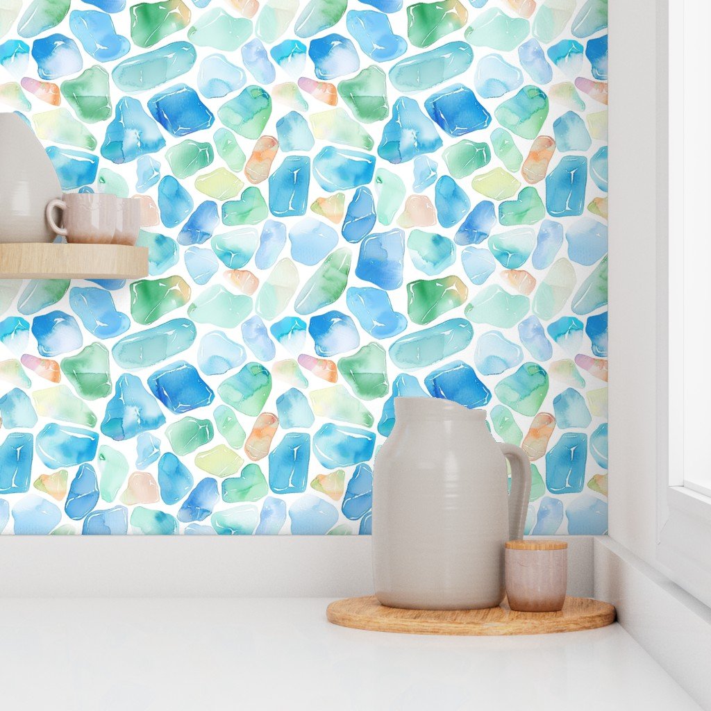 Blue and Green Shards of Tumbled and Scattered Watercolor Seaglass Wallpaper seaglass pattern wallpaper