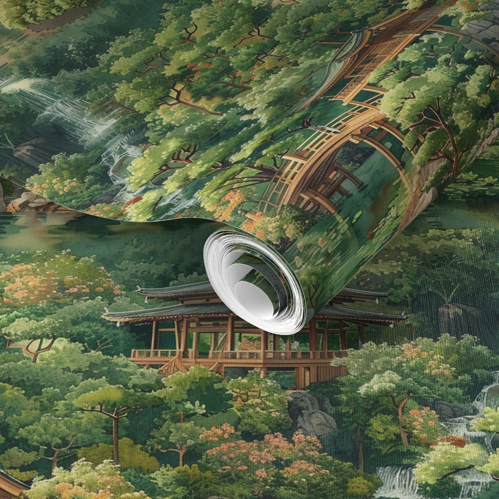 Zen Garden Haven Waterfalls Amidst Verdant Greenery Wallpaper japanese garden wallpaper