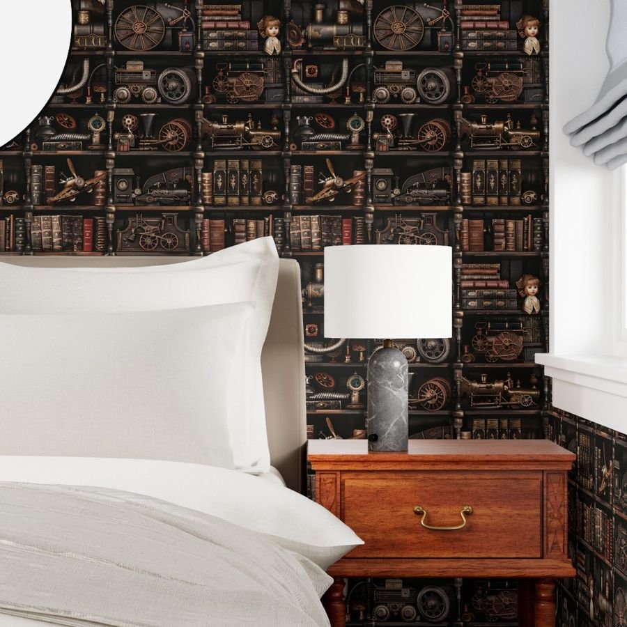 Steampunk Vintage Bookcase Gears Pipes and Antique Treasures Wallpaper bookcase wallpaper
