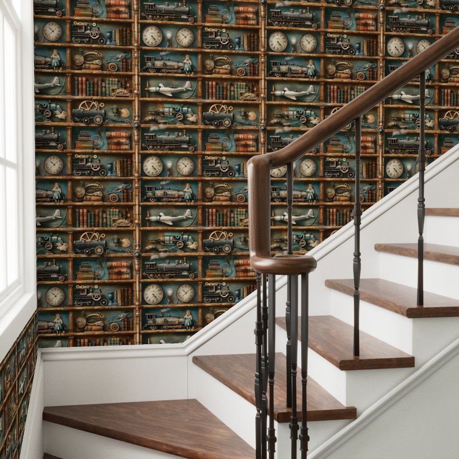 Vintage Steampunk Bookcase with Trains Gears and Clocks Wallpaper clocks wallpaper
