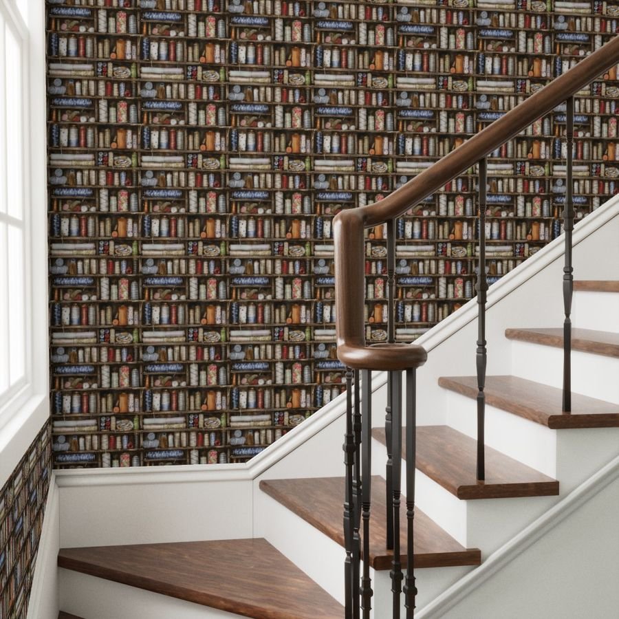 Vintage Bookcase with Fabric Bobbins Spools and Yarn Wallpaper bookcase wallpaper