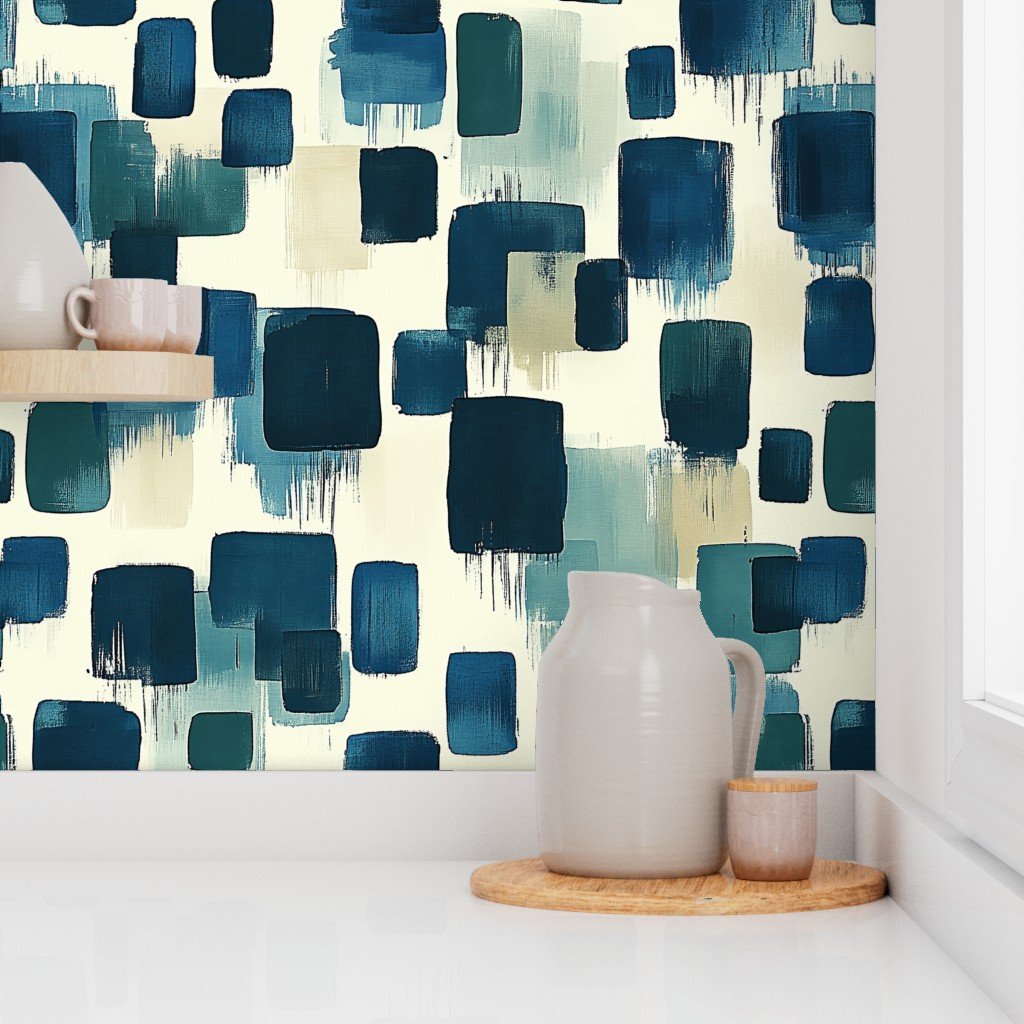 Large Abstract Brushstroke City Blocks in Deep Blue and Teal Wallpaper artistic wallpaper