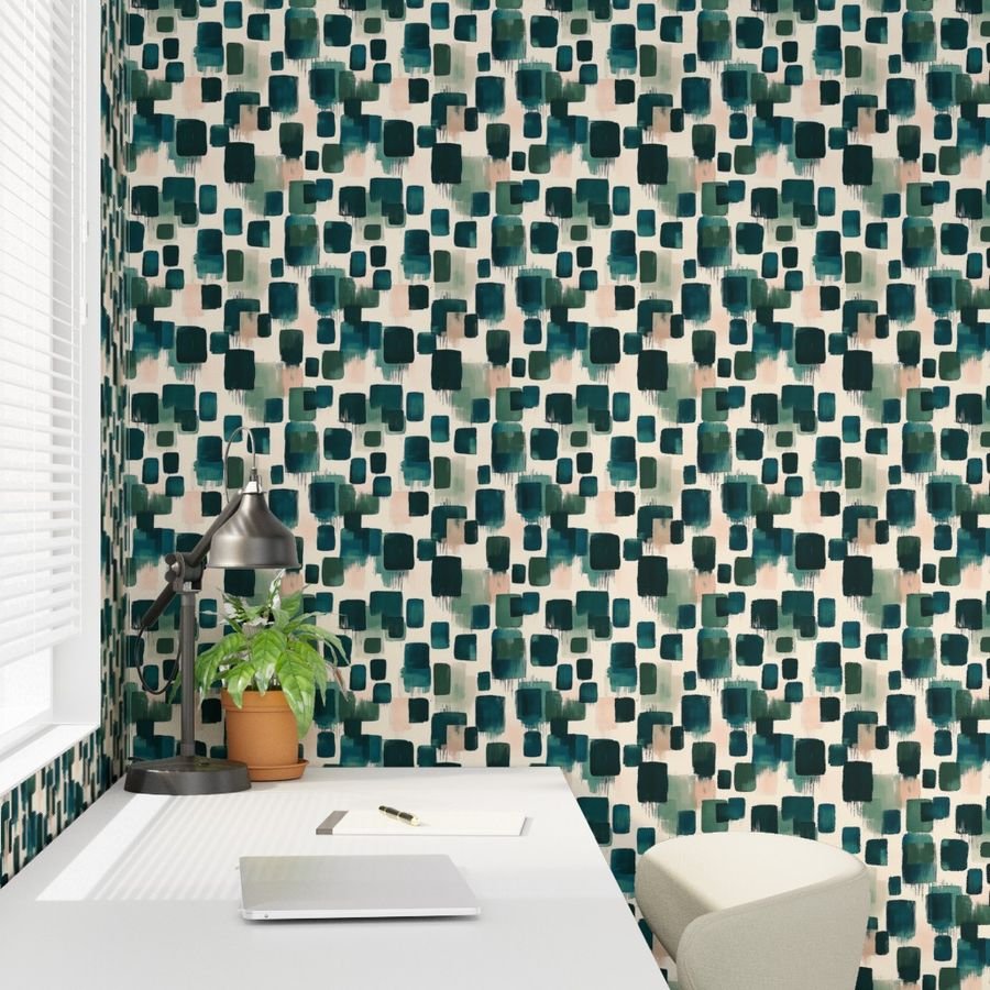 Abstract Earthy Brushstroke Blocks in Teal and Soft Peach Wallpaper contemporary wallpaper