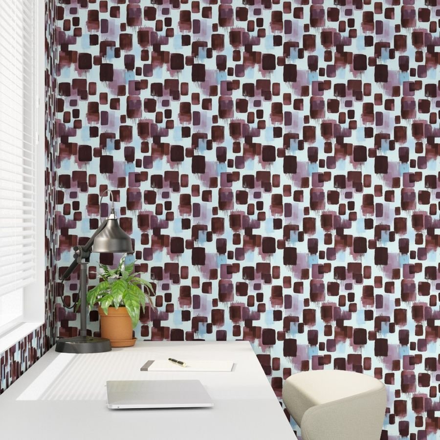 Abstract Brushstroke Blocks in Burgundy Lavender and Sky Blue Wallpaper blocks wallpaper
