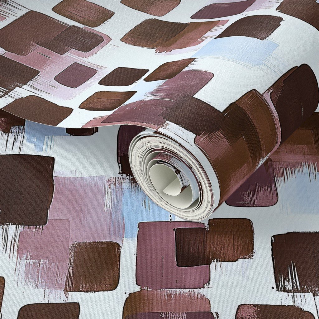 Abstract Brushstroke Blocks in Brown Rosewood and Sky Blue Wallpaper blocks wallpaper