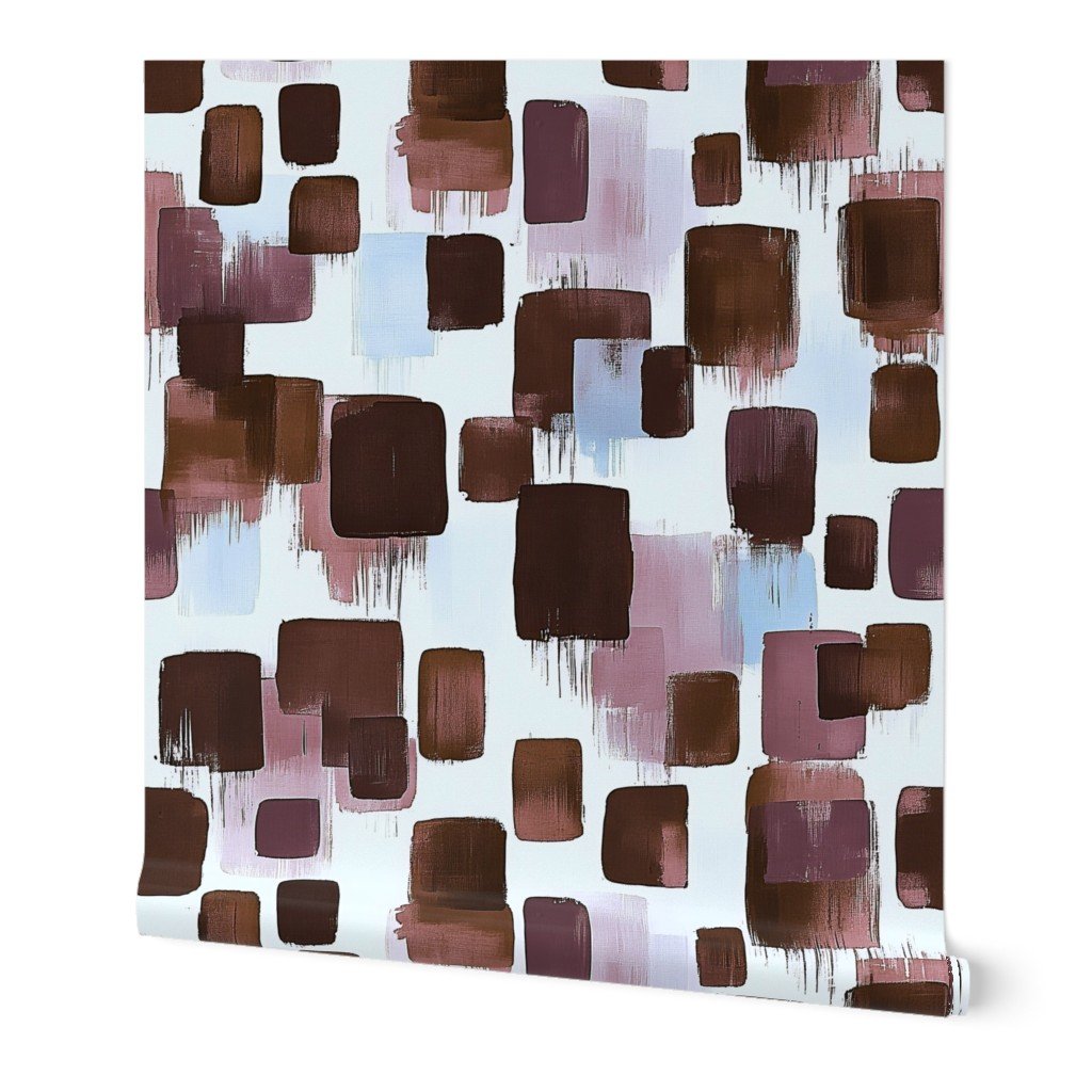 Large Abstract Brushstroke Blocks in Brown Rosewood and Sky Blue Wallpaper blocks wallpaper
