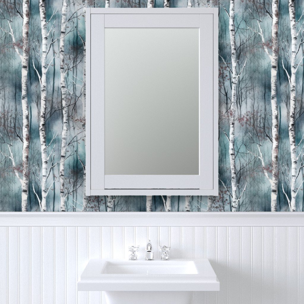 Endless Silver Birch Tree Dreamscape in Misty Teal and Soft Red Wallpaper ethereal wallpaper