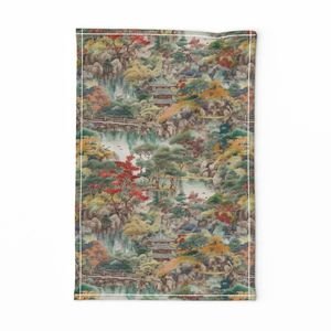 Small Japanese Water Garden Watercolor with Temples Home Styling Collection Design Collection autumn tea towel design