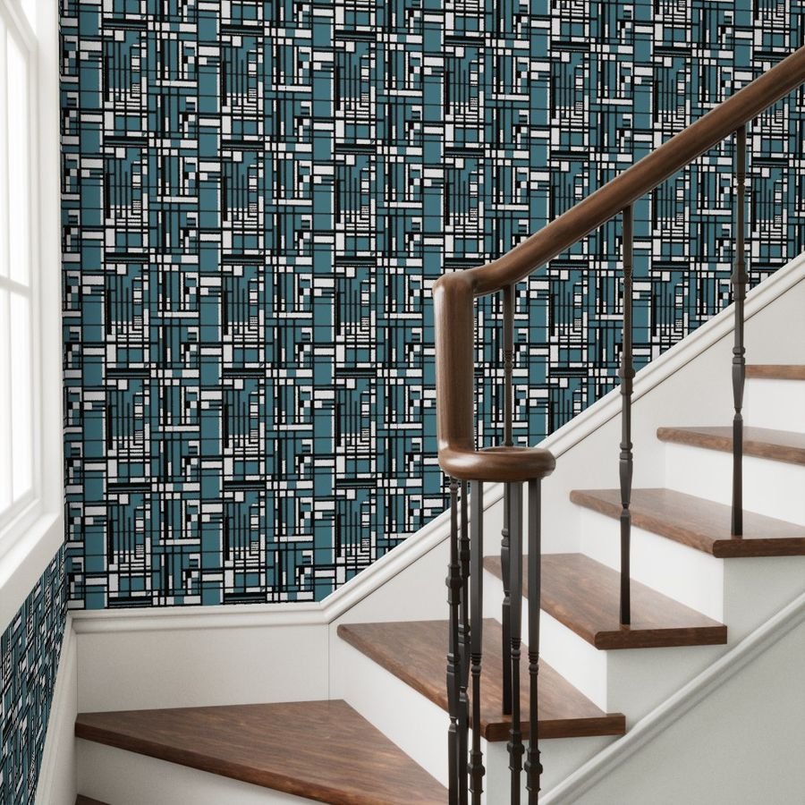 Dusty Teal Modernist City Blocks Geometric Pattern Wallpaper city blocks wallpaper