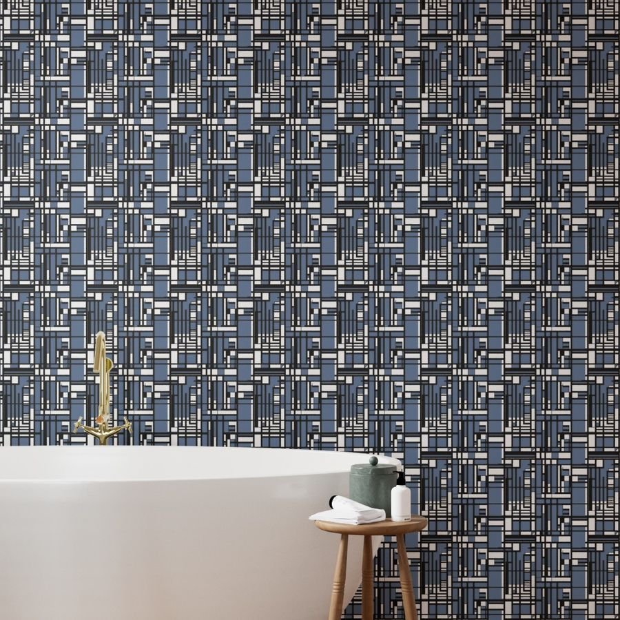 Slate Blue Modernist City Blocks Geometric Pattern Wallpaper city blocks wallpaper