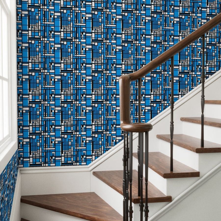 Cyan Blue Modernist City Blocks Geometric Pattern Wallpaper city blocks wallpaper
