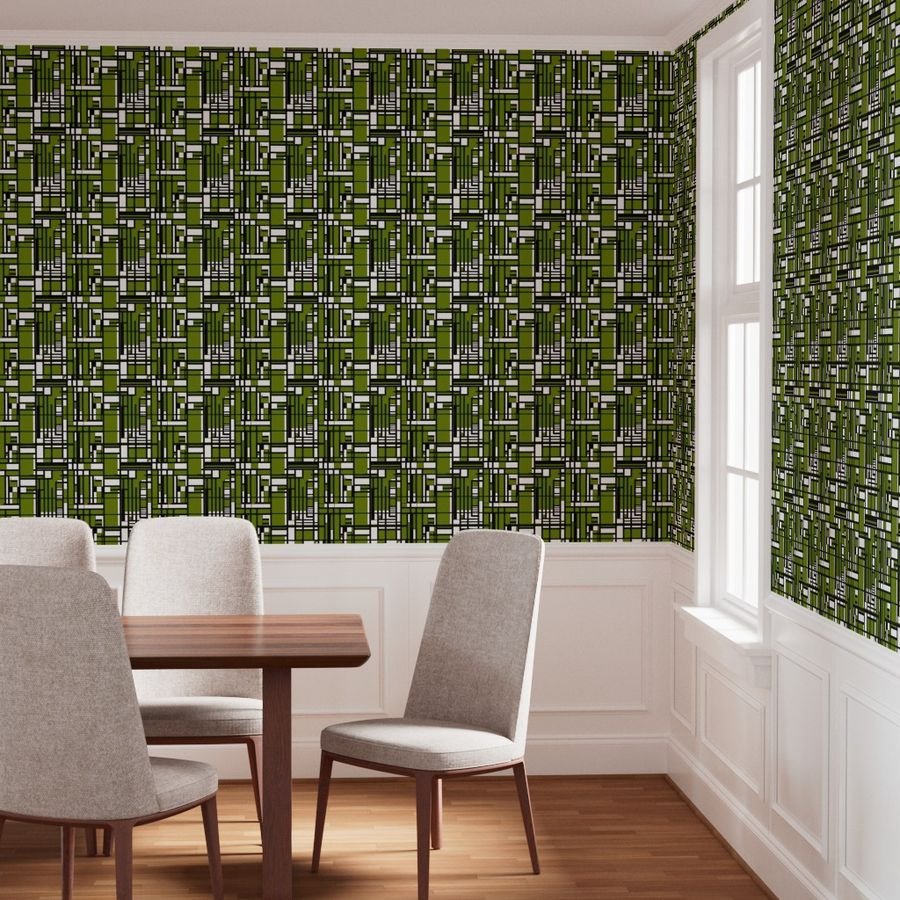 Moss Green Modernist City Blocks Geometric Pattern Wallpaper city blocks wallpaper