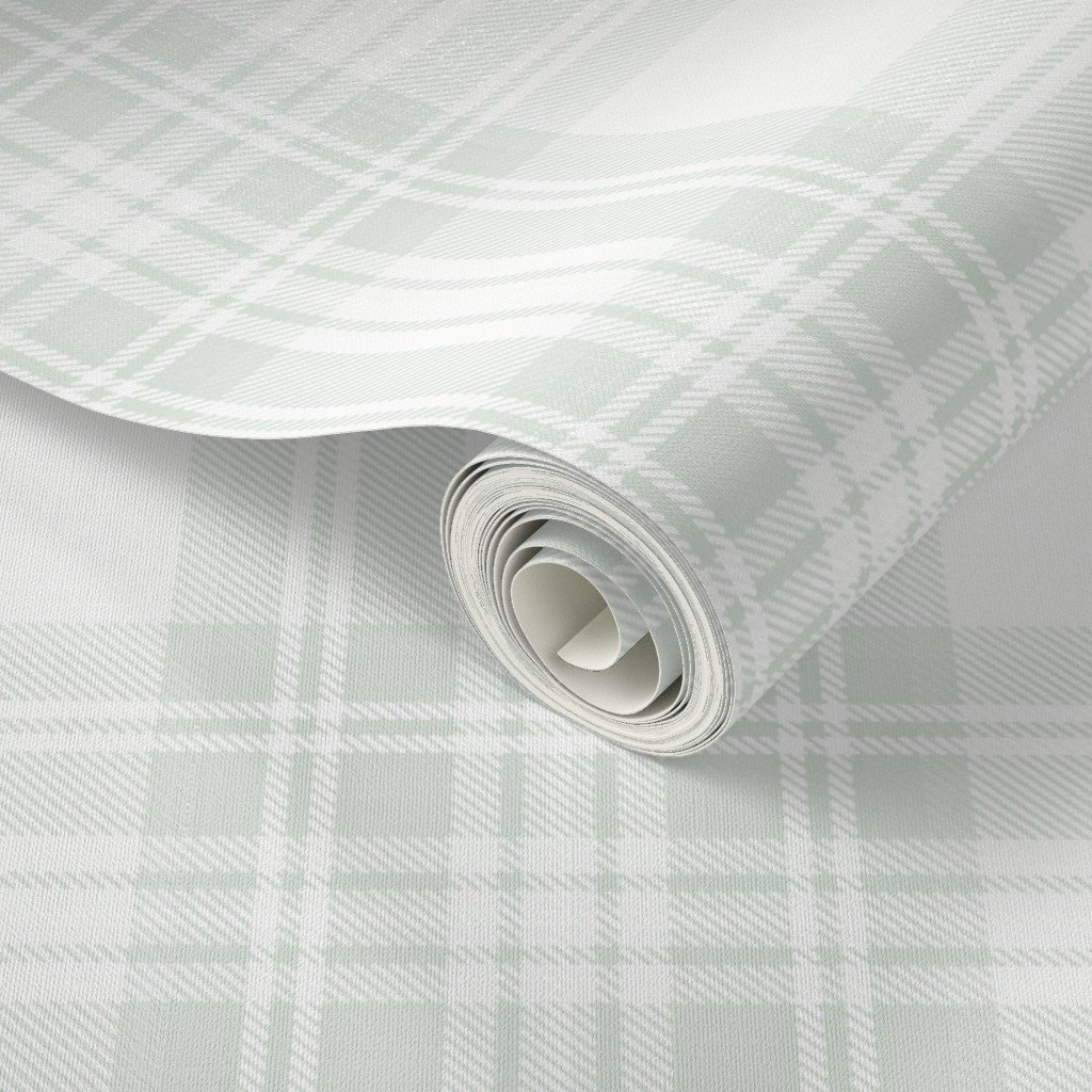 Pale Sage Green Botanical Large Traditional Tartan Plaid Pattern Wallpaper botanical wallpaper