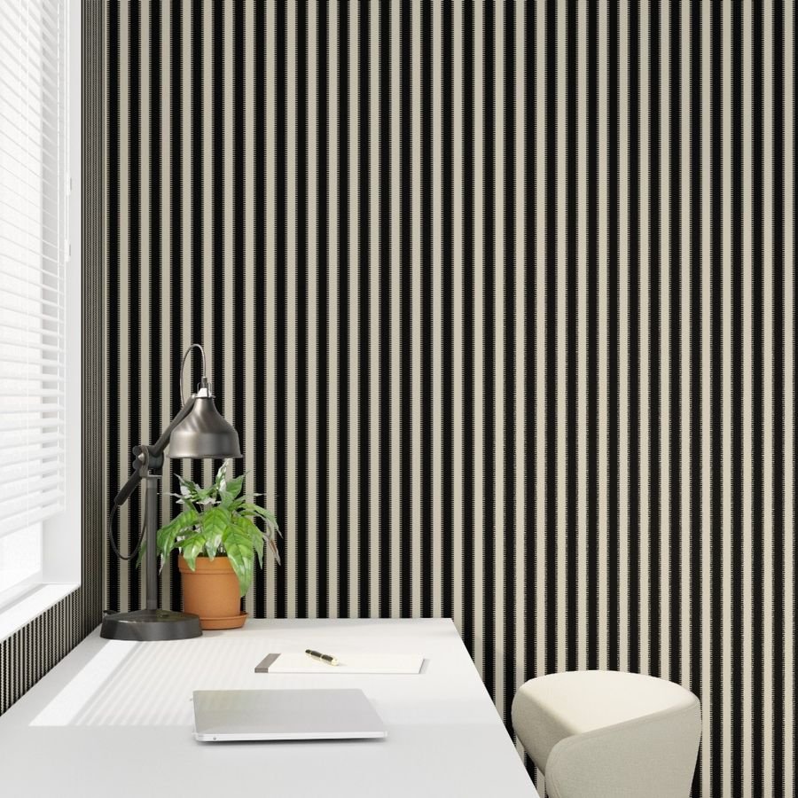 Serrated Squid Ink Black Classic Stripe on Cream Wallpaper perforated stripe wallpaper