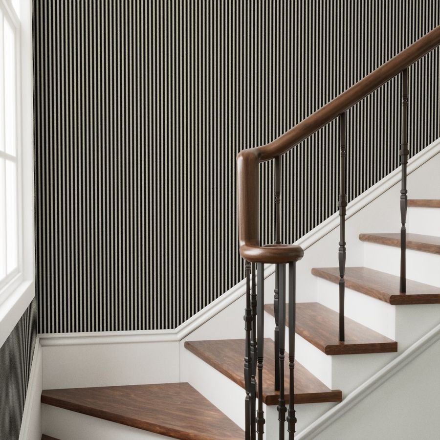 Serrated Squid Ink Black Mini Stripe on Cream Wallpaper saw toothed wallpaper