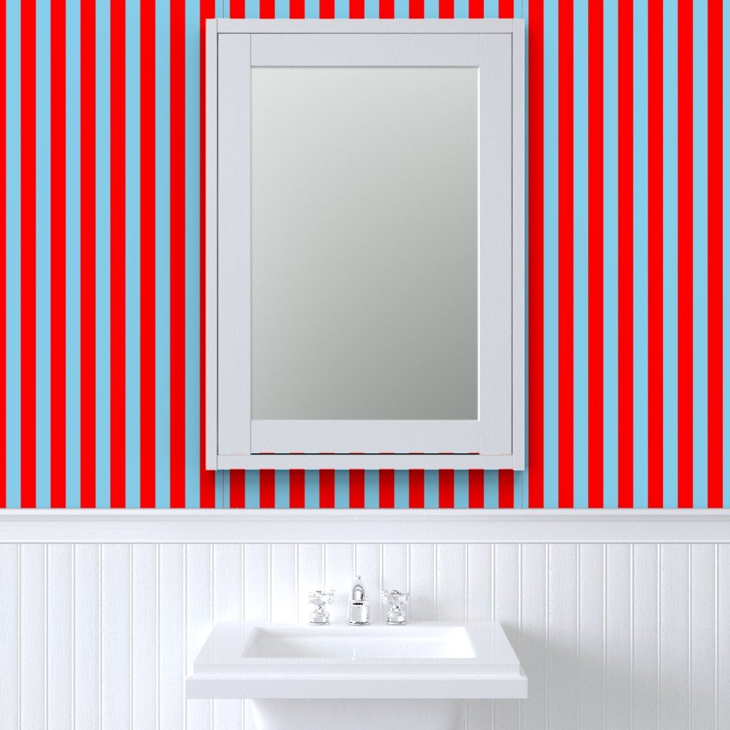 Bold Coastal Classic Red and Sky Blue Cabana Tent Stripe Wallpaper bright wallpaper