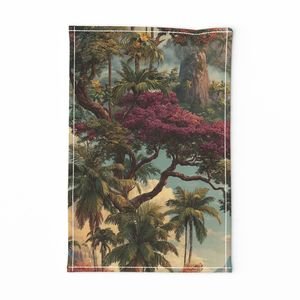 Vintage Hawaiian Watercolor Landscape with Misty Mountains and Palms Decor Collection Home Styling Collection island tea towel design