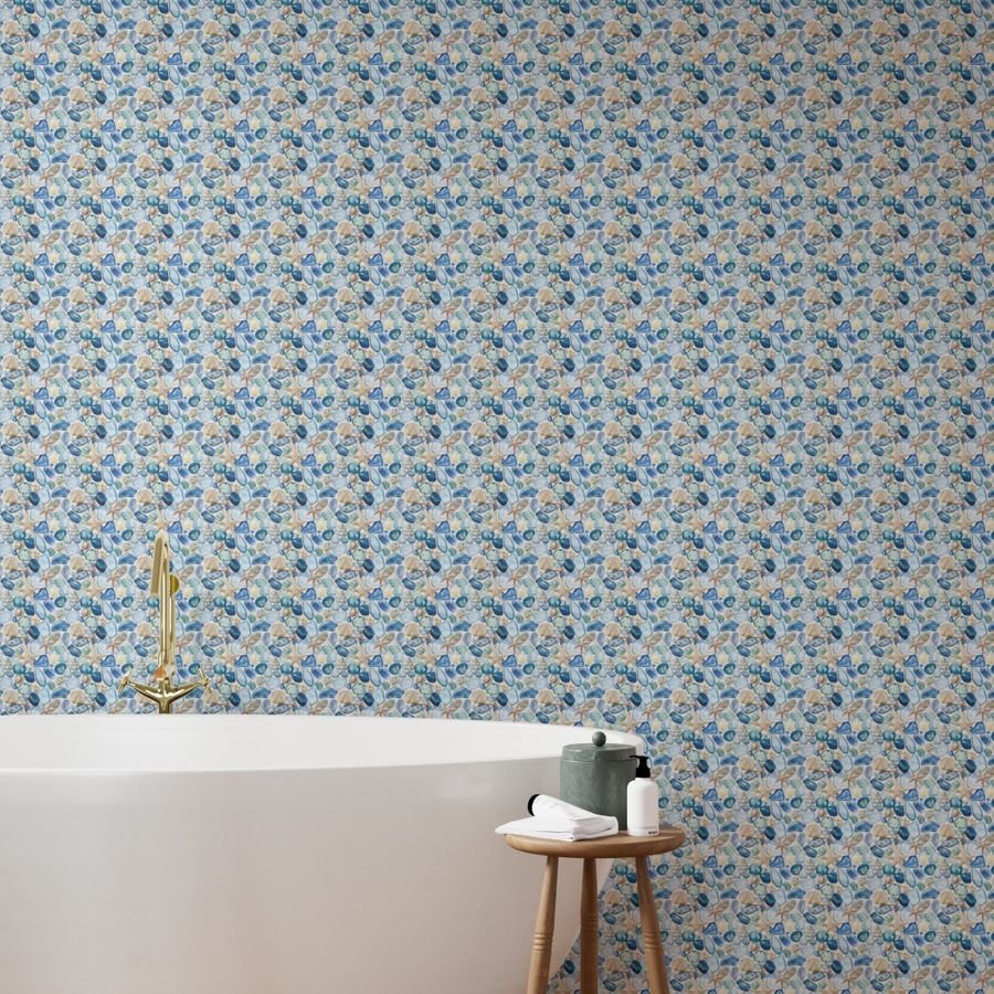 Watercolor Sea Glass Shells and Starfish Coastal Pattern in Ocean Wallpaper blue wallpaper