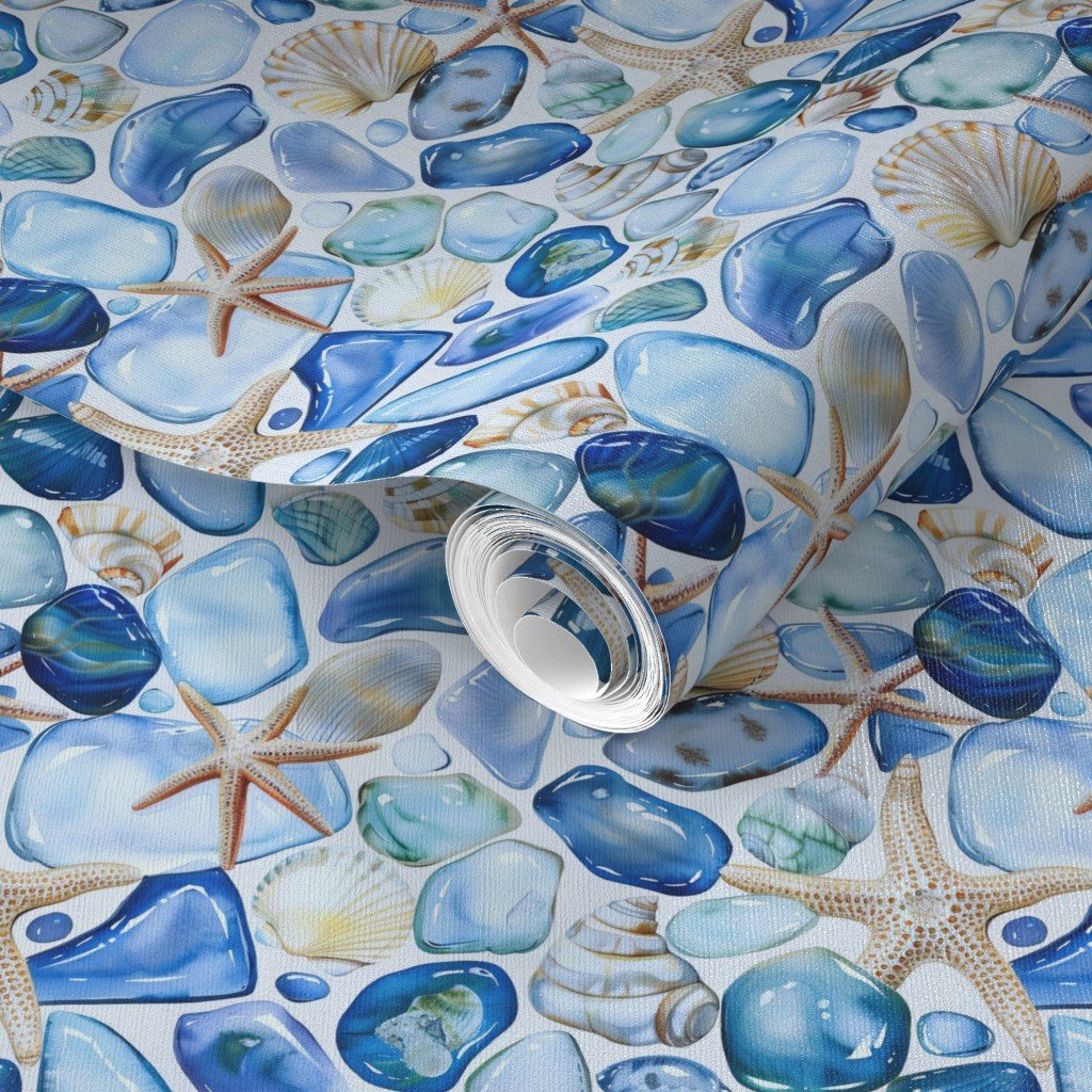 Watercolor Sea Glass Shells and Starfish Coastal Pattern in Seafoam Wallpaper blue wallpaper