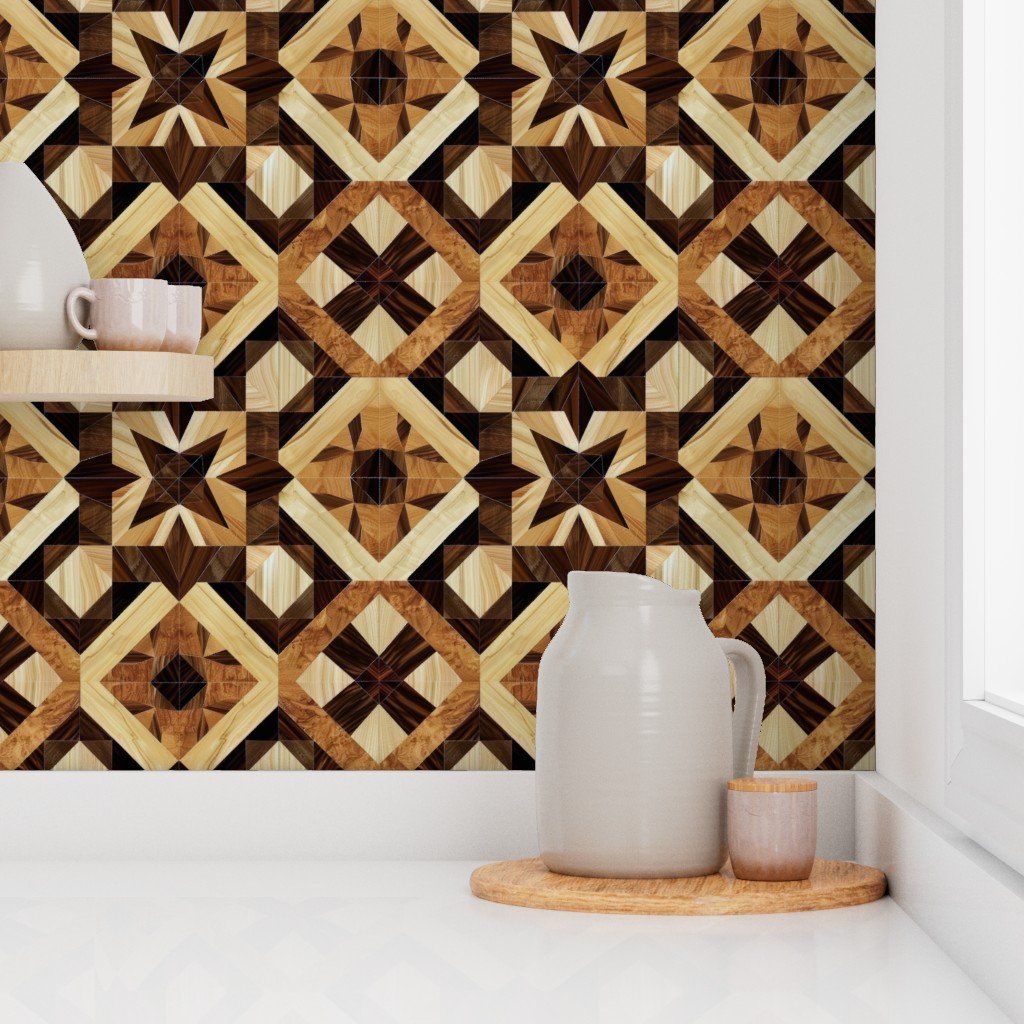 Geometric Marquetry Wood Inlay Pattern in Rich Dark Wood Tones Wallpaper classic wallpaper
