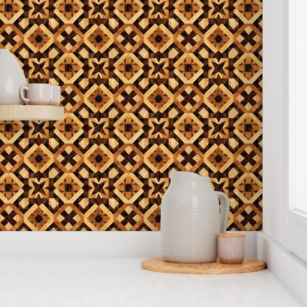 Small Geometric Marquetry Wood Inlay Pattern in Warm Natural Tones Wallpaper classic wallpaper