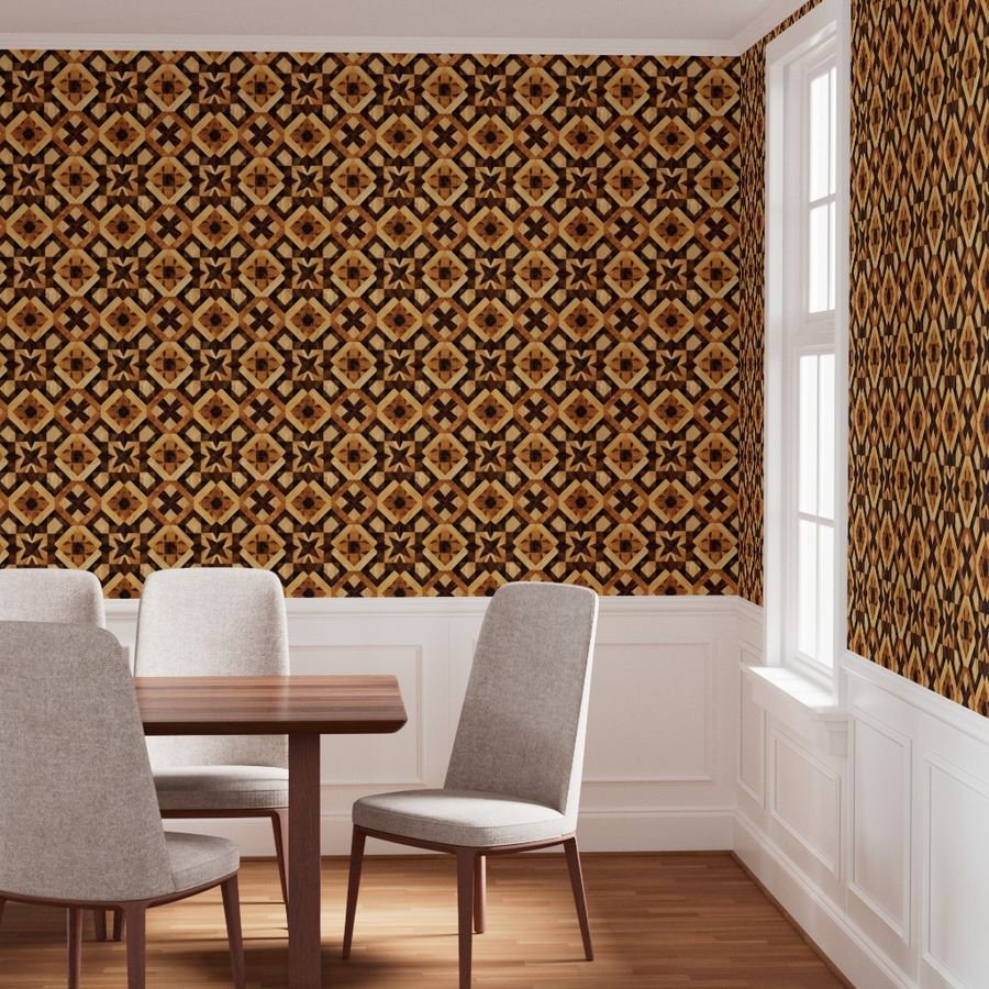 Geometric Marquetry Wood Inlay Pattern in Warm Natural Tones Wallpaper classic wallpaper