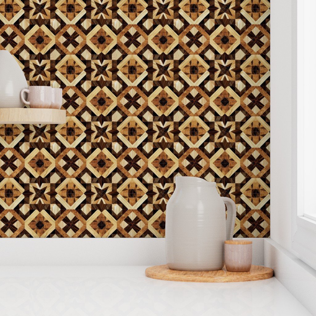 Small Geometric Marquetry Wood Inlay Pattern in Rich Dark Wood Tones Wallpaper classic wallpaper