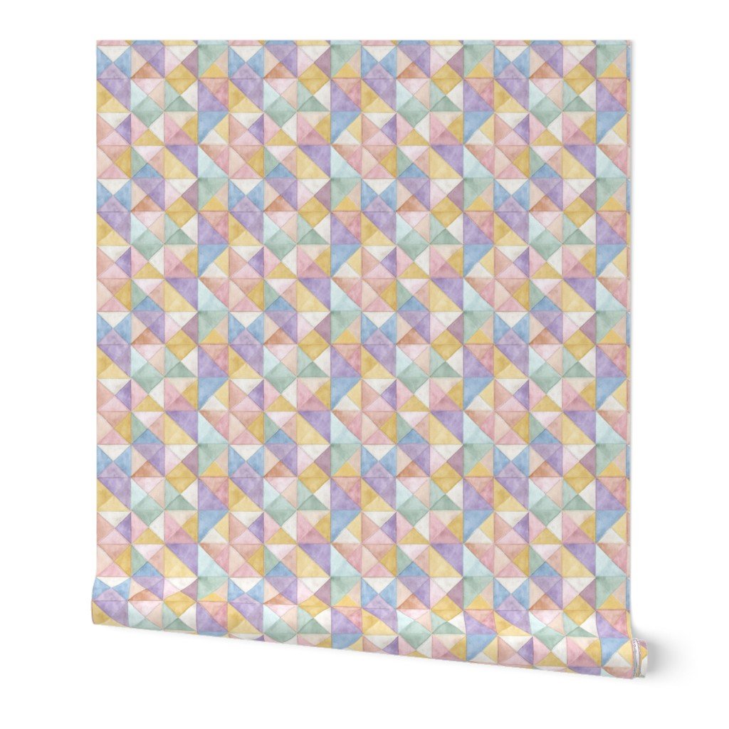 Soft Watercolor Quilted Patchwork Triangles Butter Yellow Lavender Wallpaper soft colors wallpaper