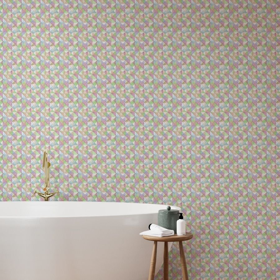 Soft Watercolor Quilted Patchwork Triangles in Spring Green and Wallpaper soft colors wallpaper