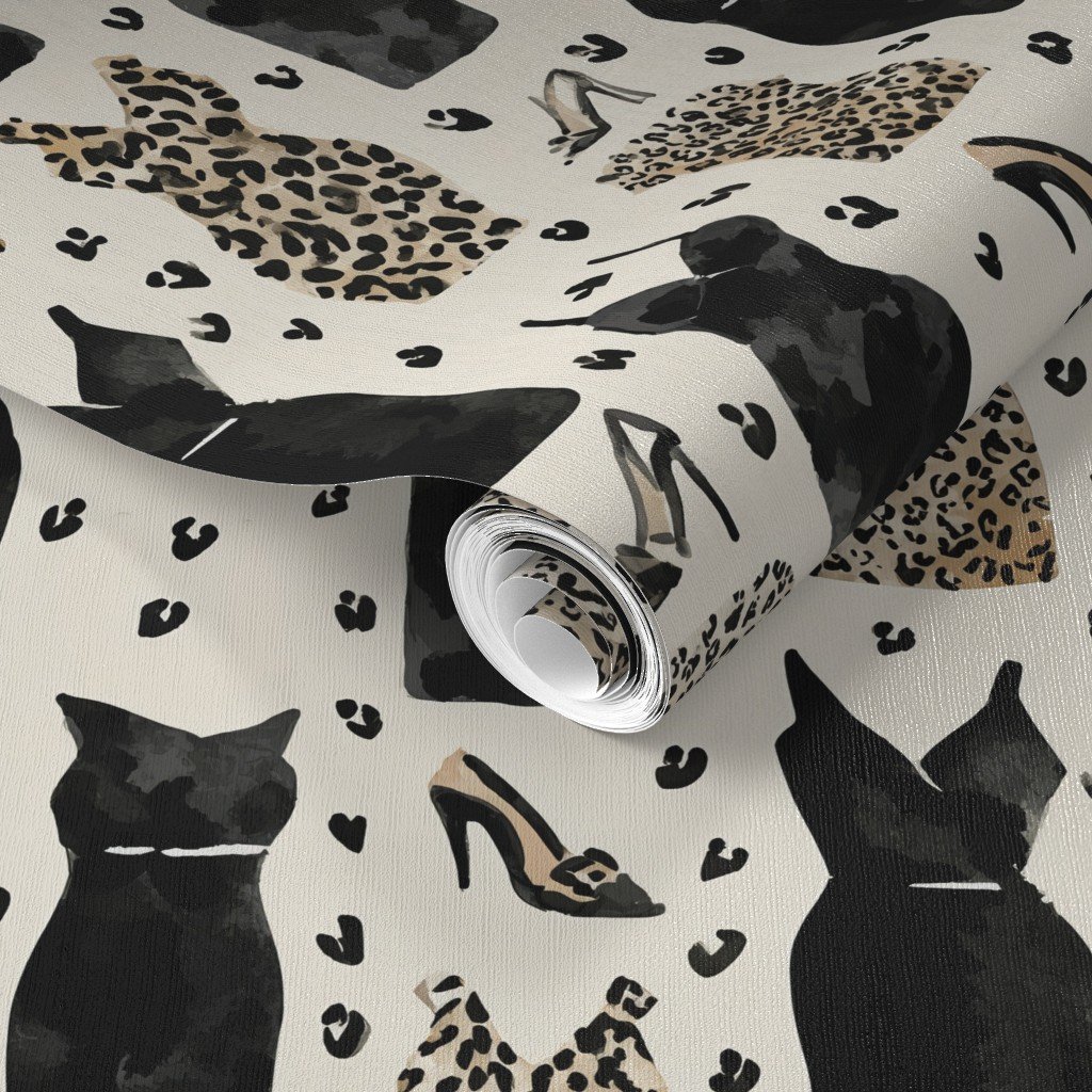 Leopard and Black Dress Fashion Pattern with Heels on Light Wallpaper fashion decor wallpaper