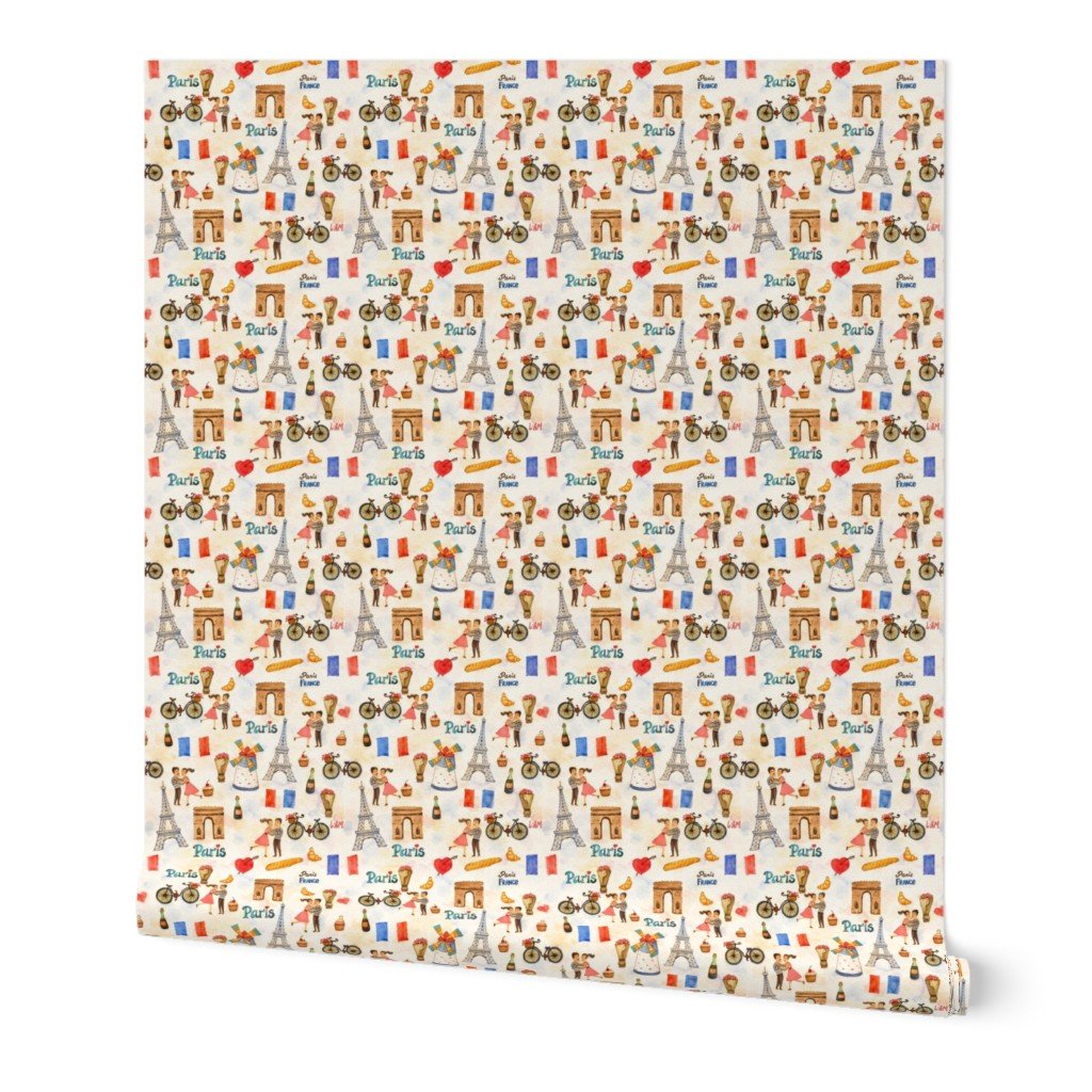 Adorable Whimsical Watercolor Paris Motifs with Eiffel Tower Wallpaper city wallpaper