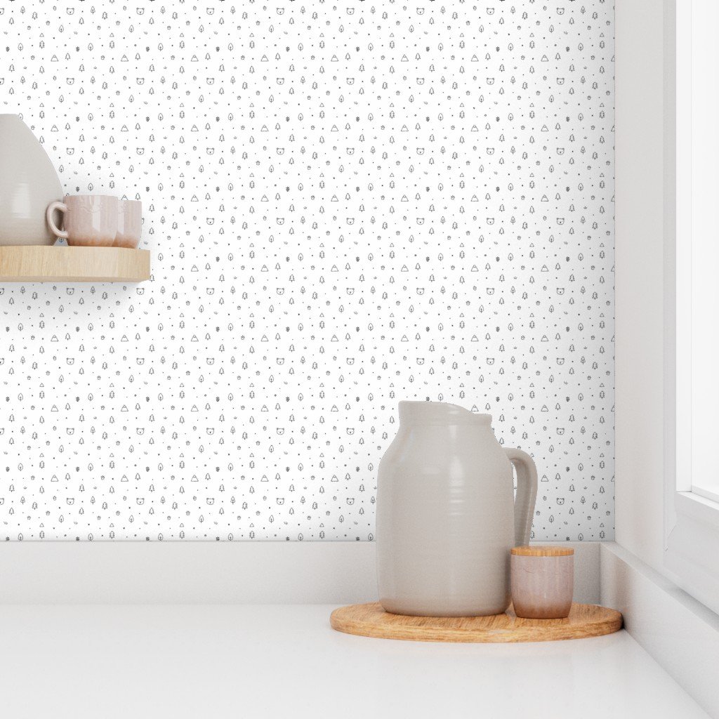 Minimal Black And White Woodland Doodle Pattern With Trees Bears Mount Wallpaper minimalist wallpaper