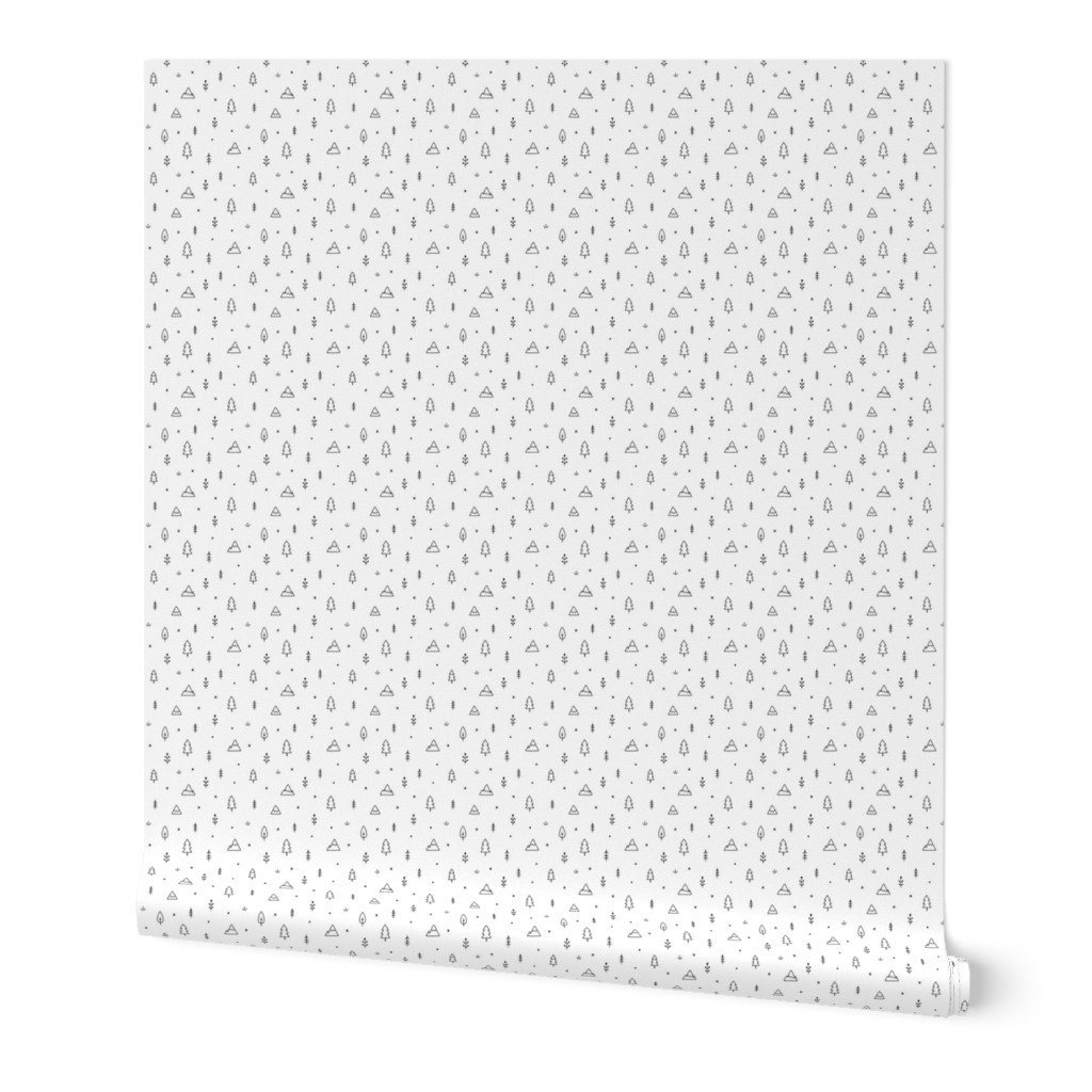 Minimal Black and White Woodland Doodle Pattern with Trees and Mountai Wallpaper modern wallpaper