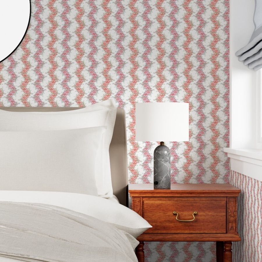 Vintage English Garden Small Two Tone Pink Rose Stripe Pattern on Whit W Wallpaper floral wallpaper