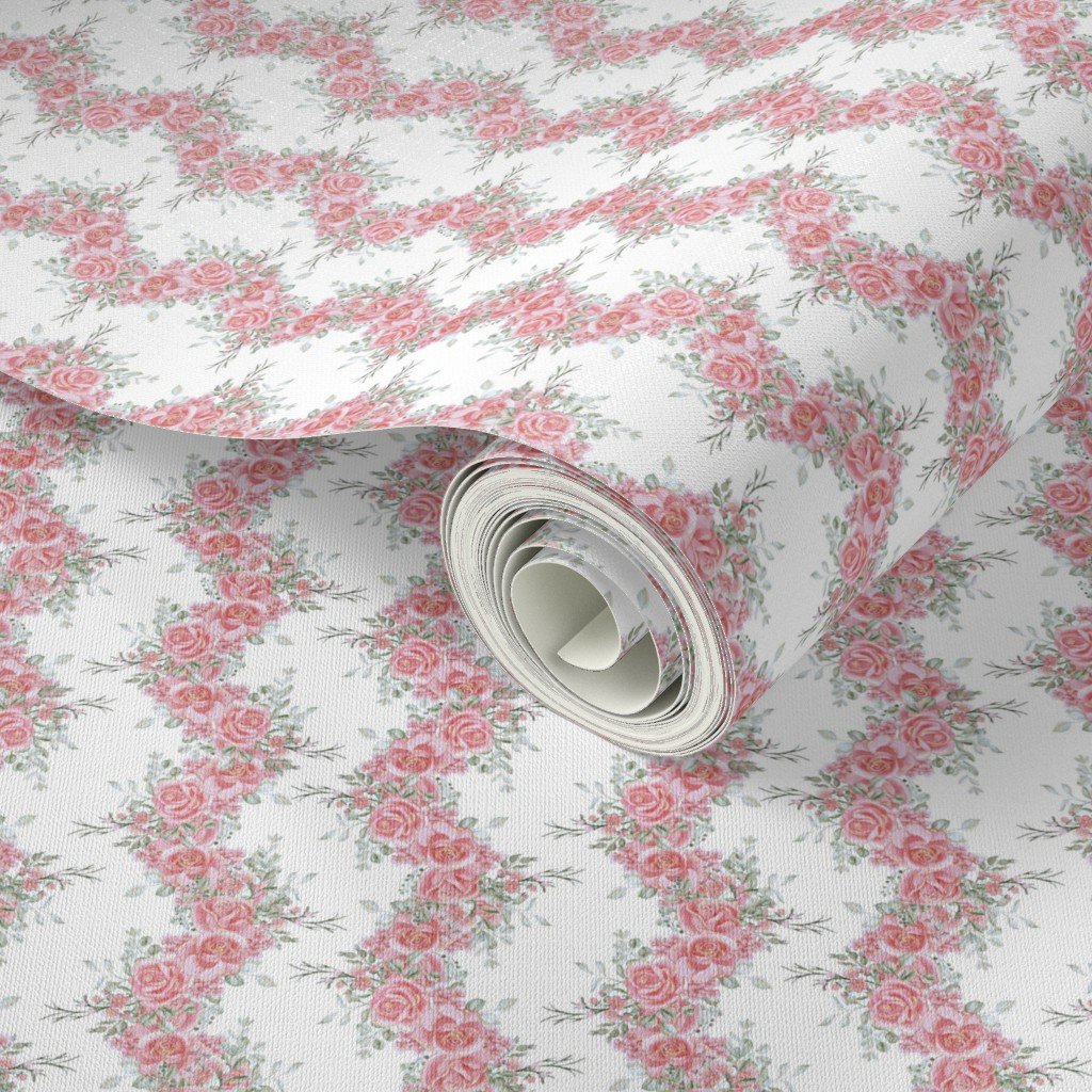 Vintage English Garden Tiny Soft Pink Rose Stripe Pattern on White Wall Wallpaper elegant wallpaper