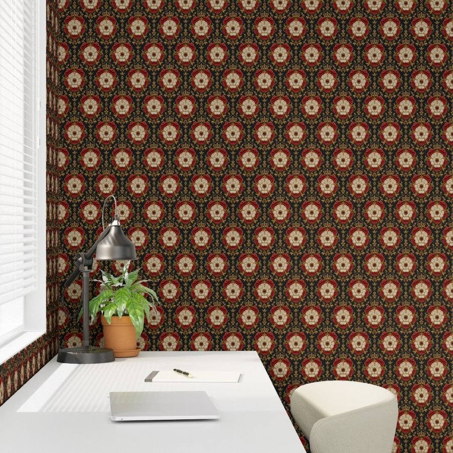Royal Tudor Rose Crown Damask on Midnight Black Wallpaper embroidery wallpaper