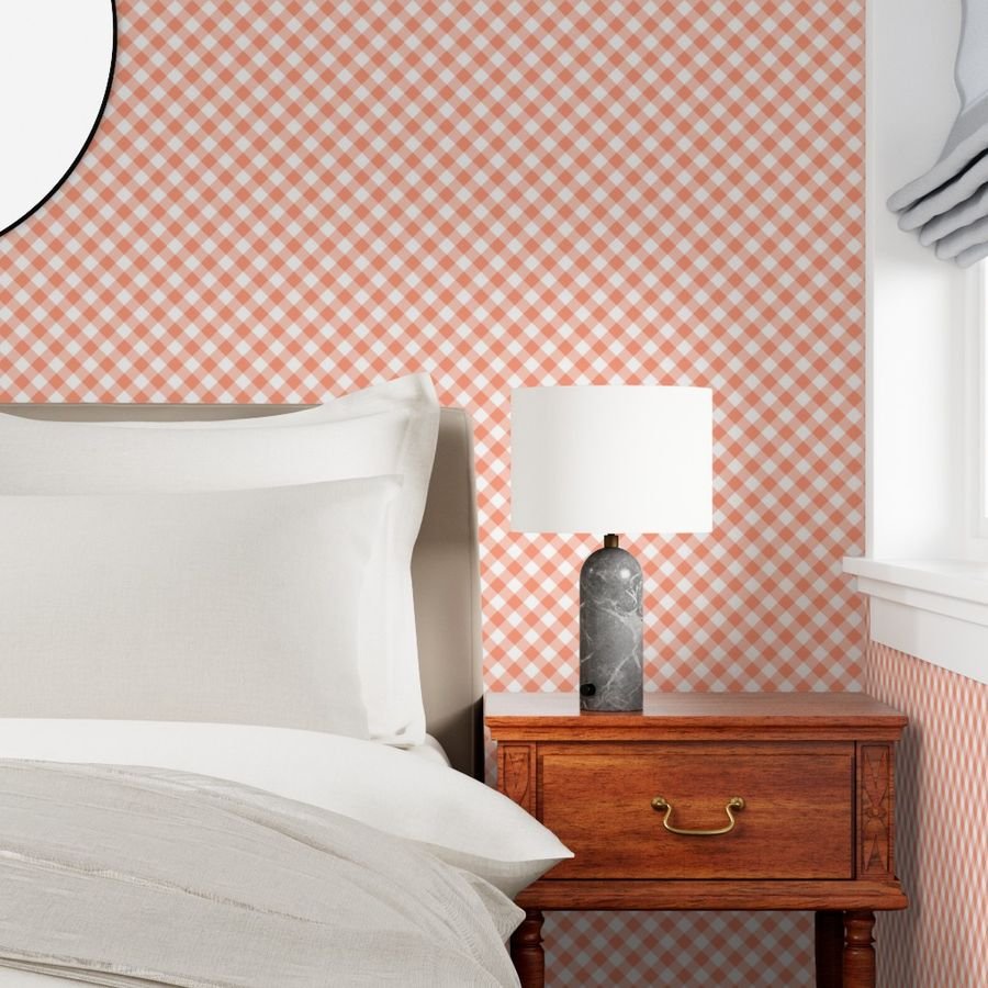 Coral Pink Gingham Check Plaid Wallpaper farmhouse wallpaper