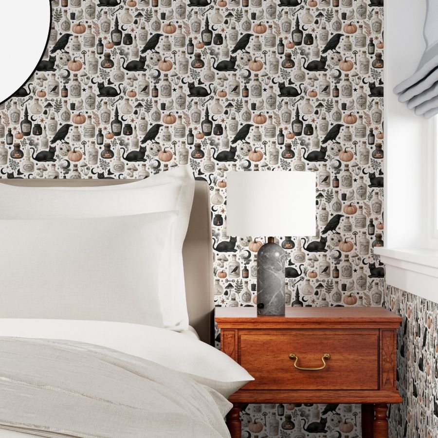 Vintage Halloween Apothecary Bottles with Black Cats Pumpkins and Wallpaper apothecary wallpaper