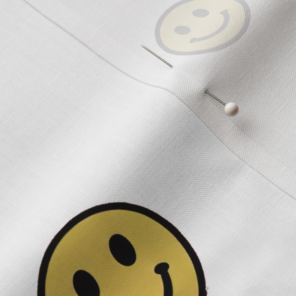 Retro Yellow Smiley Faces on White Fabric 90s nostalgia fabric