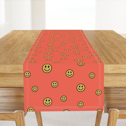 Retro Yellow Smiley Faces on Coral Decor Collection Design Collection 90s nostalgia table runner design