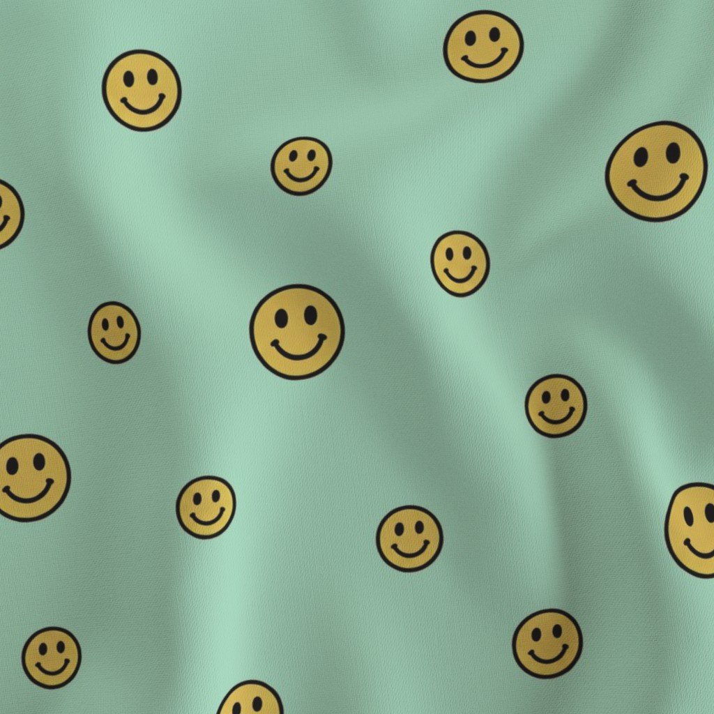 Retro Yellow Smiley Faces on Mint Green Fabric dopamine decor fabric