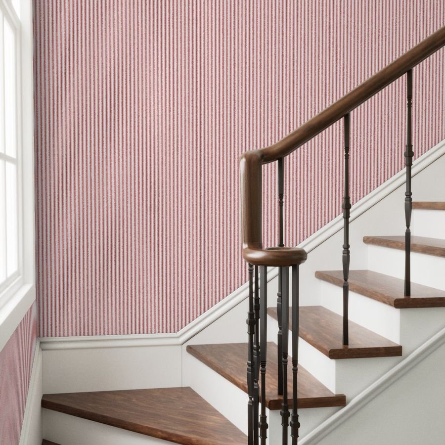 Mattress Ticking Narrow Striped Pattern in Red and White Wallpaper red stripe wallpaper