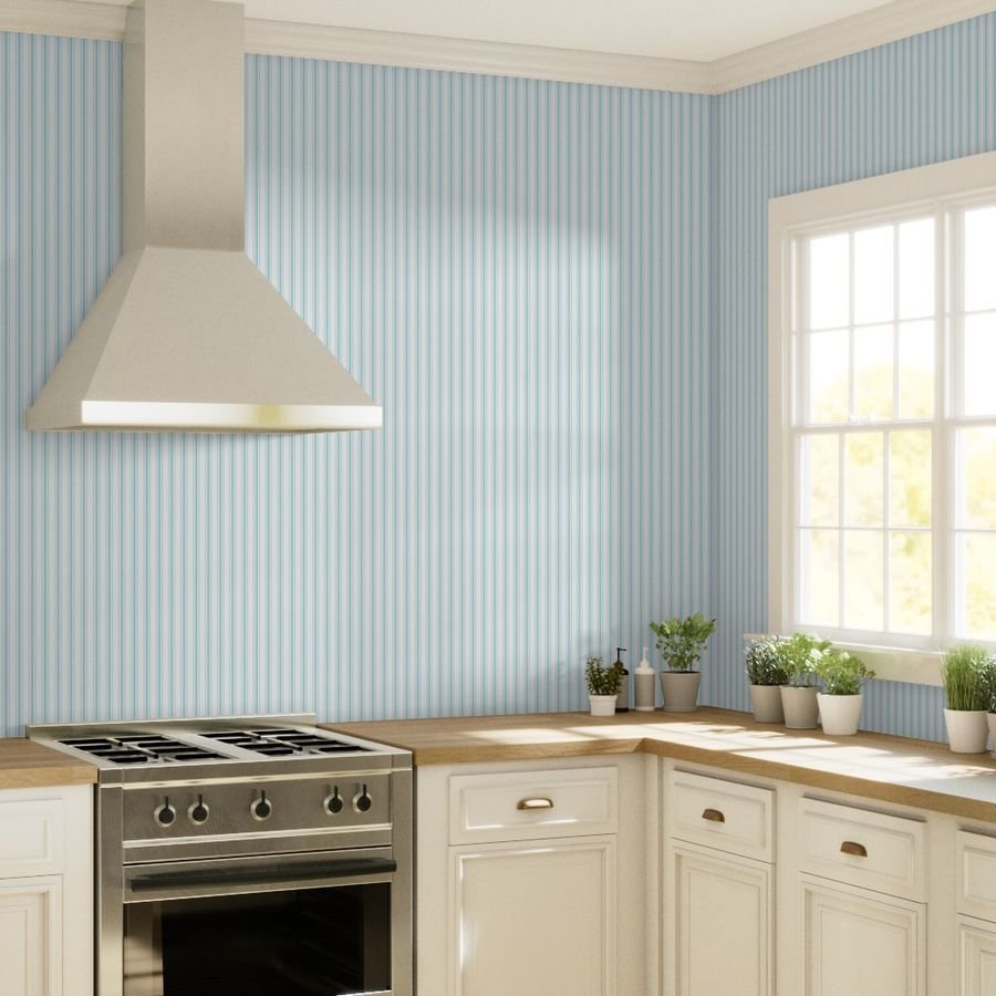 Pale Sky Blue and White Striped Mattress Ticking Wallpaper light blue wallpaper
