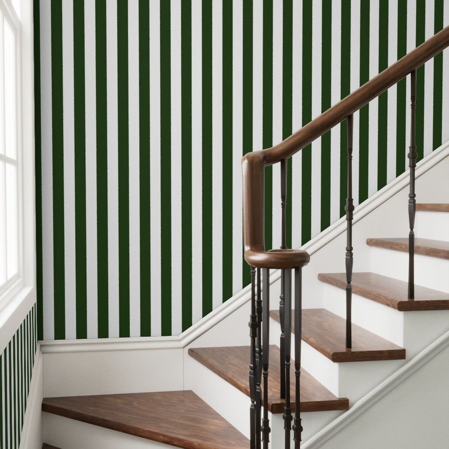 Forest Green and White Wide 2-inch Cabana Tent Vertical Stripes Wallpaper dark forest green wallpaper
