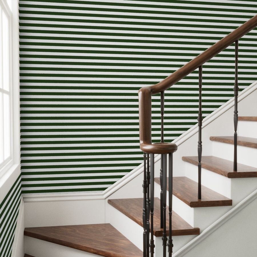 Forest Green and White Big 1-inch Beach Hut Horizontal Stripes Wallpaper big beach stripe wallpaper